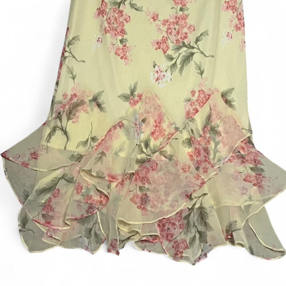 light yellow floral midi/maxi skirt with pink flowers, green leaves, ruffle hem - Picture 3 of 4